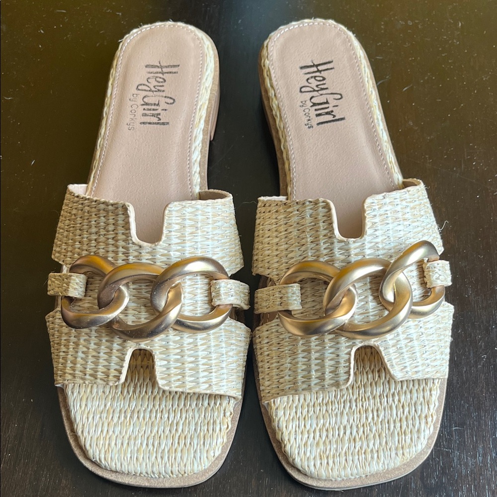 Corkys Beige Woven Slide Sandals with Chain Detail